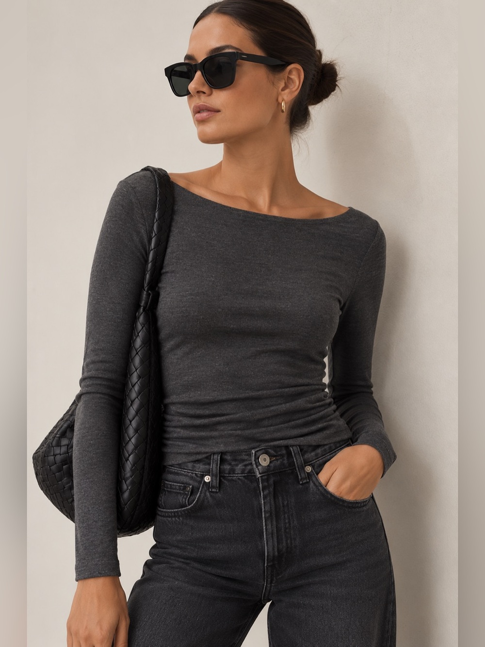 Mango Charcoal Grey Stretch Boat Neck Long Sleeve Top – Medium